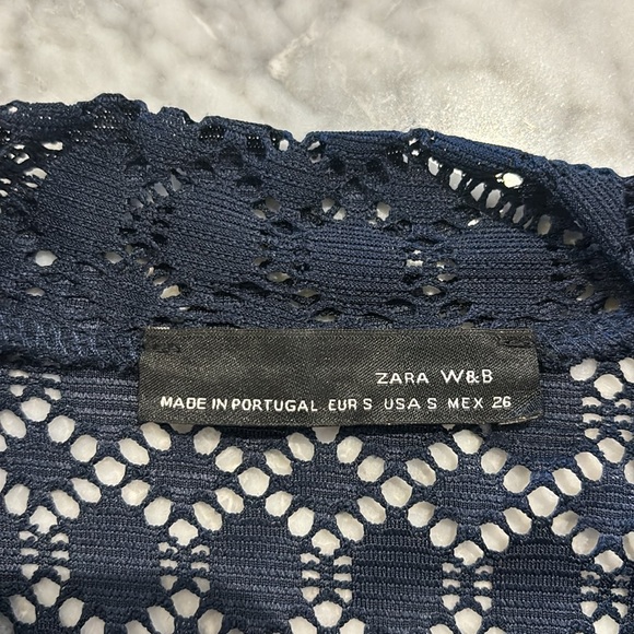 Zara Lace Mock Neck Long Sleeve Blouse Size S Navy Blue - Picture 2 of 15